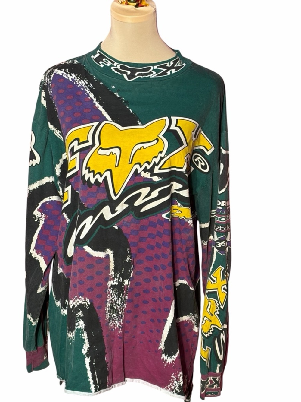 Vintage 90s Fox Racing Graphic Long Sleeve Tee Large Teal Pink Yellow